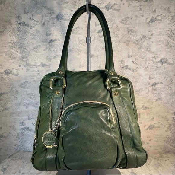 Be & D vintage green leather handbag with multiple compartments - Picture 1 of 16